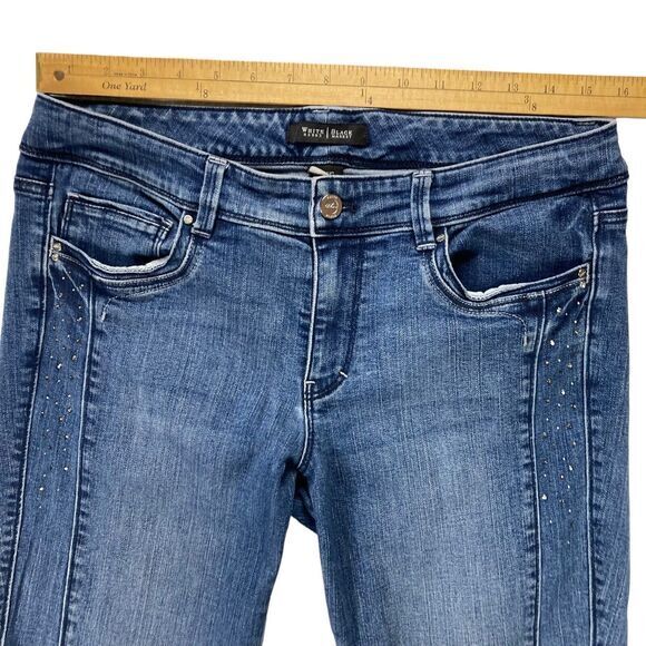 White House Black Market Jeans 10 Blue Blanc Rhinestone Beads Slim Crop Denim - Picture 9 of 13